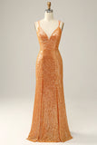 Orange Sequined Backless Mermaid Formal Dress