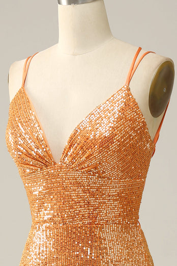 Orange Sequined Backless Mermaid Formal Dress