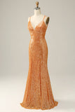 Orange Sequined Backless Mermaid Formal Dress