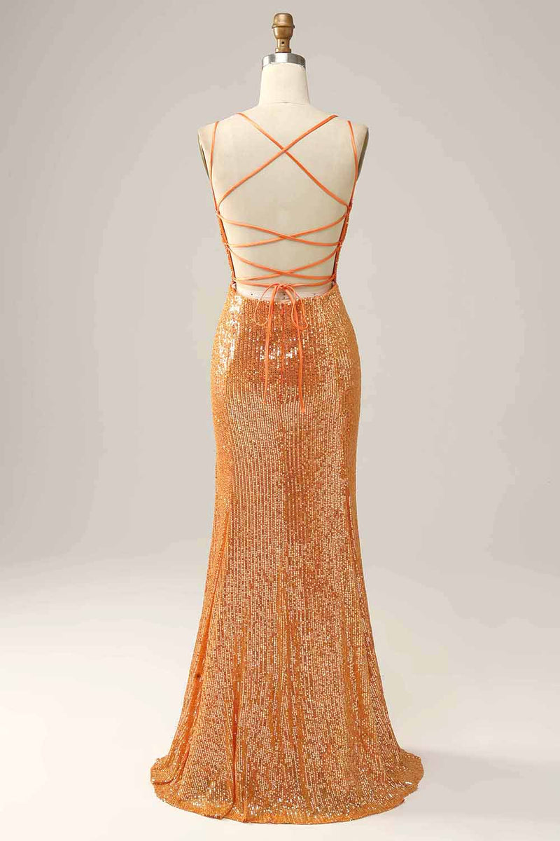Load image into Gallery viewer, Orange Sequined Backless Mermaid Formal Dress