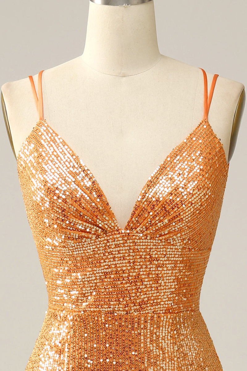 Load image into Gallery viewer, Orange Sequined Backless Mermaid Formal Dress