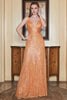 Load image into Gallery viewer, Spaghetti Straps Orange Sequins Long Formal Dress with Criss Cross Back