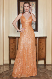 Spaghetti Straps Orange Sequins Long Formal Dress with Criss Cross Back