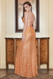 Spaghetti Straps Orange Sequins Long Formal Dress with Criss Cross Back