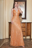 Spaghetti Straps Orange Sequins Long Formal Dress with Criss Cross Back