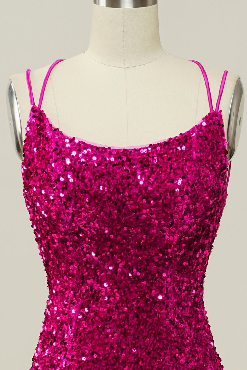 ZAPAKA Women Hot Pink Sequin Spaghetti Straps Mermaid Prom Dress with ...