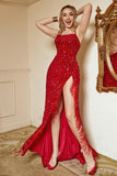 Red Sequin Fringes Plus Size Prom Dress with Slit