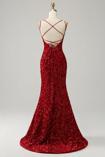 Red Sparkly Mermaid Backless Long Formal Dress with Fringes