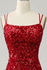 Load image into Gallery viewer, Red Sparkly Mermaid Backless Long Formal Dress with Fringes