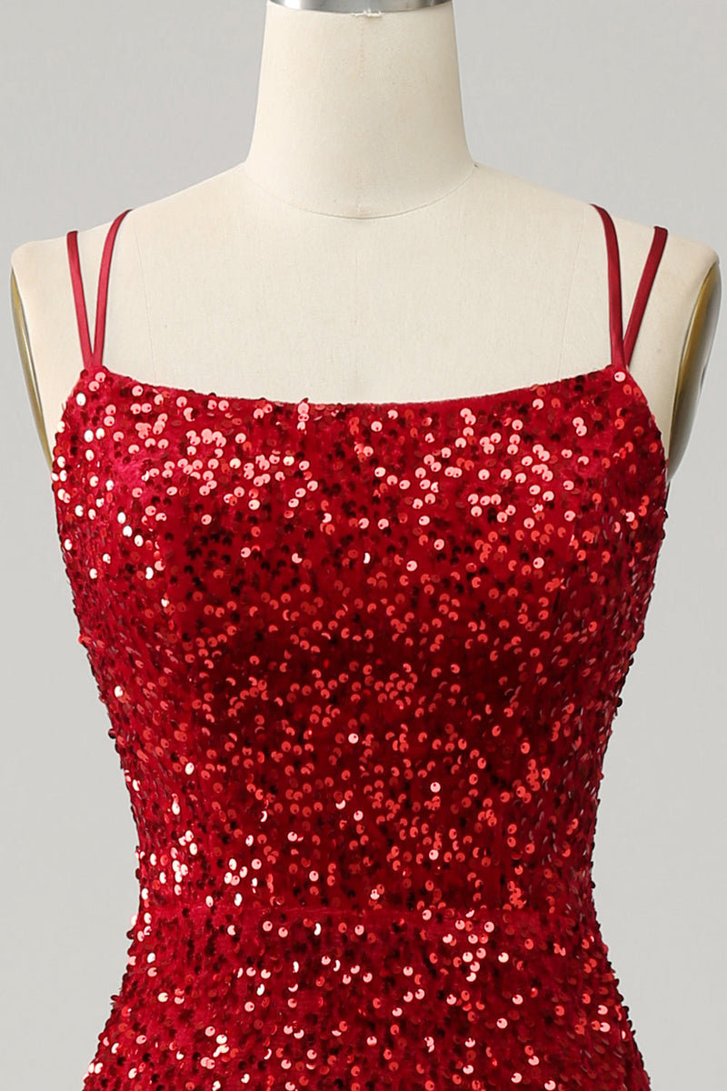Load image into Gallery viewer, Red Sparkly Mermaid Backless Long Formal Dress with Fringes