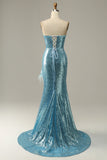 Sky Blue Sweetheart Sequined Mermaid Formal Dress With Feathers