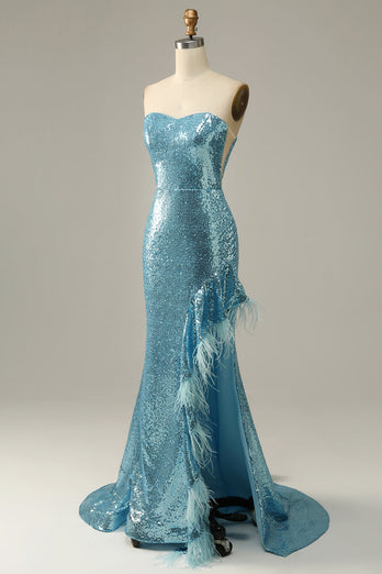 Sky Blue Sweetheart Sequined Mermaid Formal Dress With Feathers