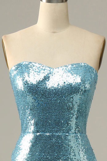 Sky Blue Sweetheart Sequined Mermaid Formal Dress With Feathers