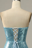 Sky Blue Sweetheart Sequined Mermaid Formal Dress With Feathers