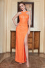 Load image into Gallery viewer, Sheath Halter Orange Sequins Long Formal Dress with Open Back