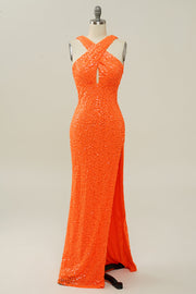 Orange Halter Sequined Backless Mermaid Formal Dress