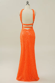 Orange Halter Sequined Backless Mermaid Formal Dress