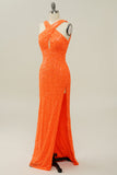 Orange Halter Sequined Backless Mermaid Formal Dress