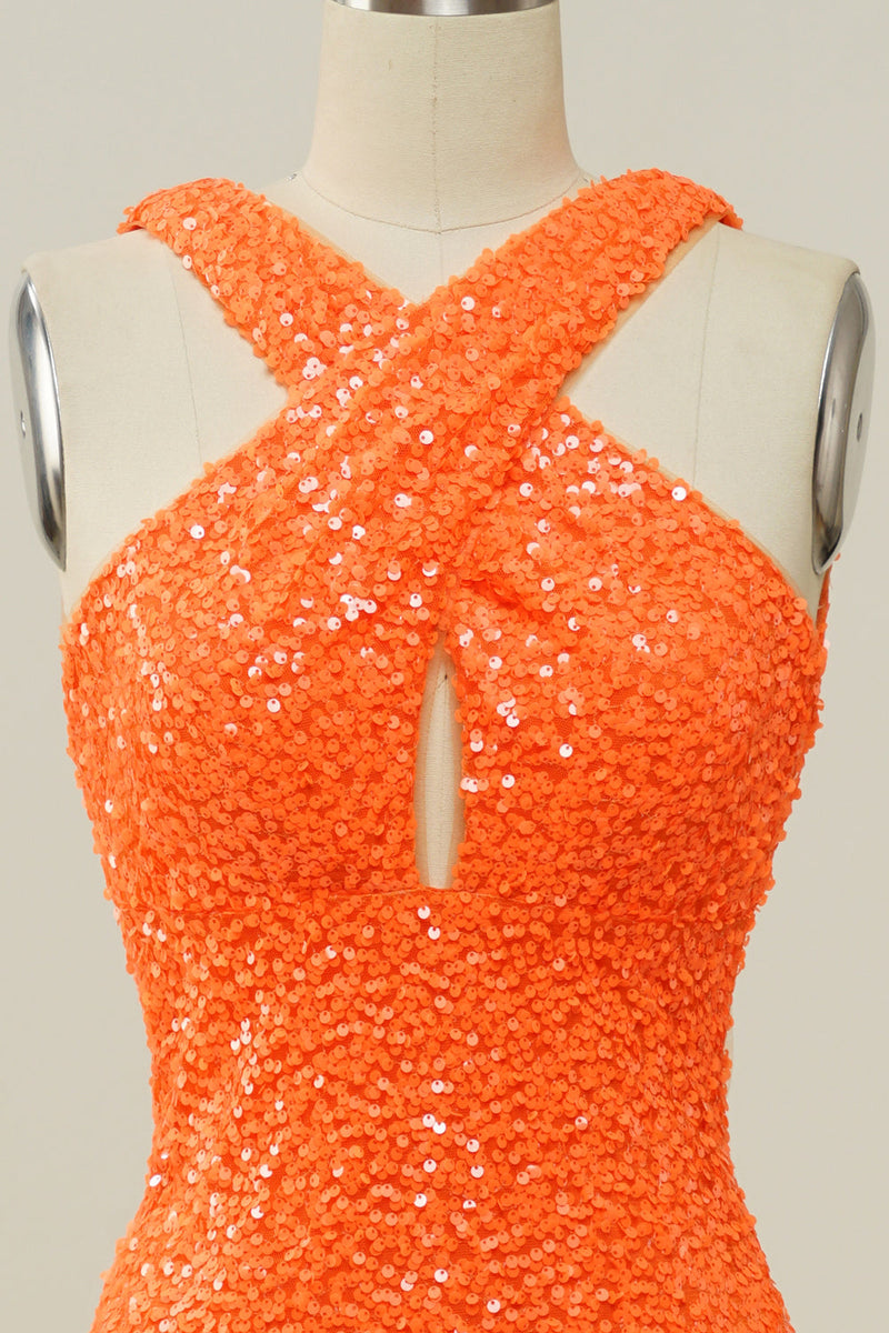 Load image into Gallery viewer, Orange Halter Sequined Backless Mermaid Formal Dress