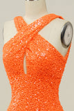 Orange Halter Sequined Backless Mermaid Formal Dress