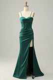 Mermaid Spaghetti Straps Dark Green Long Formal Dress with Split Front