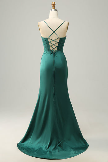 Mermaid Spaghetti Straps Dark Green Long Formal Dress with Split Front