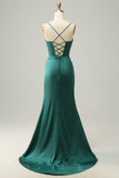 Mermaid Spaghetti Straps Dark Green Long Formal Dress with Split Front