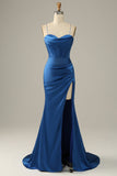 Mermaid Spaghetti Straps Dark Green Long Formal Dress with Split Front