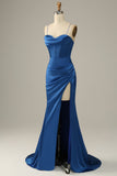 Mermaid Spaghetti Straps Dark Green Long Formal Dress with Split Front