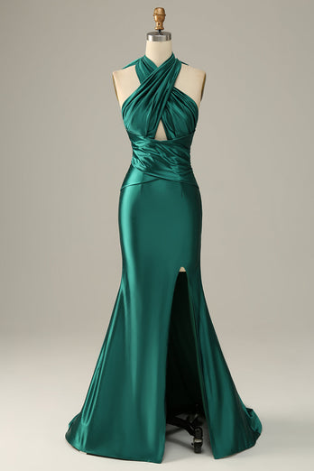 Dark Green Halter Lace Up Mermaid Formal Dress With Slit