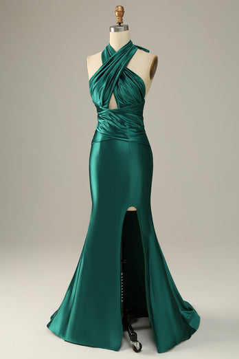 Dark Green Halter Lace Up Mermaid Formal Dress With Slit
