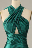 Dark Green Halter Lace Up Mermaid Formal Dress With Slit