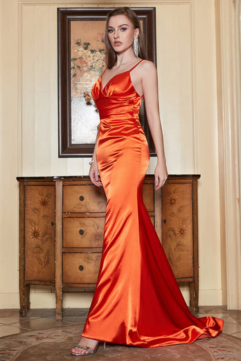 Mermaid Spaghetti Straps Orange Long Formal Dress with Backless