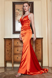 Mermaid Spaghetti Straps Orange Long Formal Dress with Backless