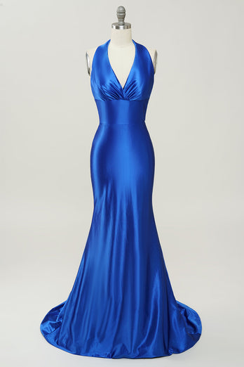 Royal Blue Halter Lace Up Backless Formal Dress