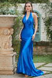 Royal Blue Halter Lace Up Backless Formal Dress