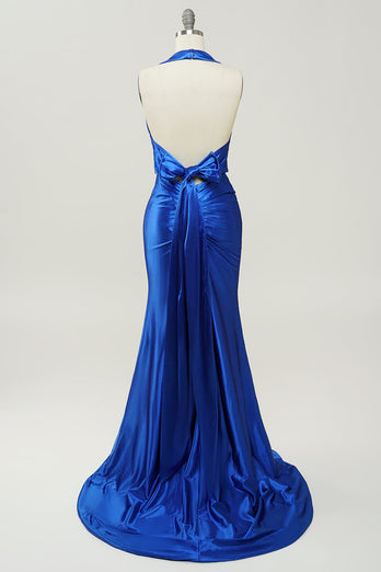 Royal Blue Halter Lace Up Backless Formal Dress