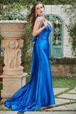 Royal Blue Halter Lace Up Backless Formal Dress