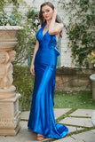 Royal Blue Halter Lace Up Backless Formal Dress