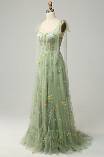 Green Embroidery Corset Long Formal Dress