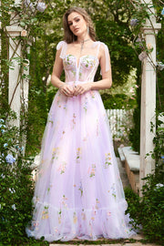 A-Line Lilac Embroidery Corset Long Formal Dress