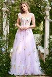 A-Line Lilac Embroidery Corset Long Formal Dress