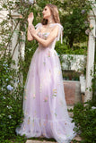 A-Line Lilac Embroidery Corset Long Formal Dress