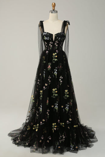 Black Embroidery Corset Long Formal Dress