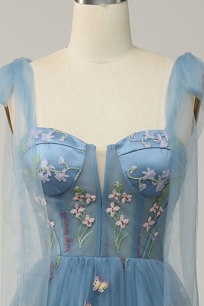 Load image into Gallery viewer, Grey Blue Embroidery Corset Long Formal Dress