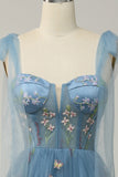 Grey Blue Embroidery Corset Long Formal Dress