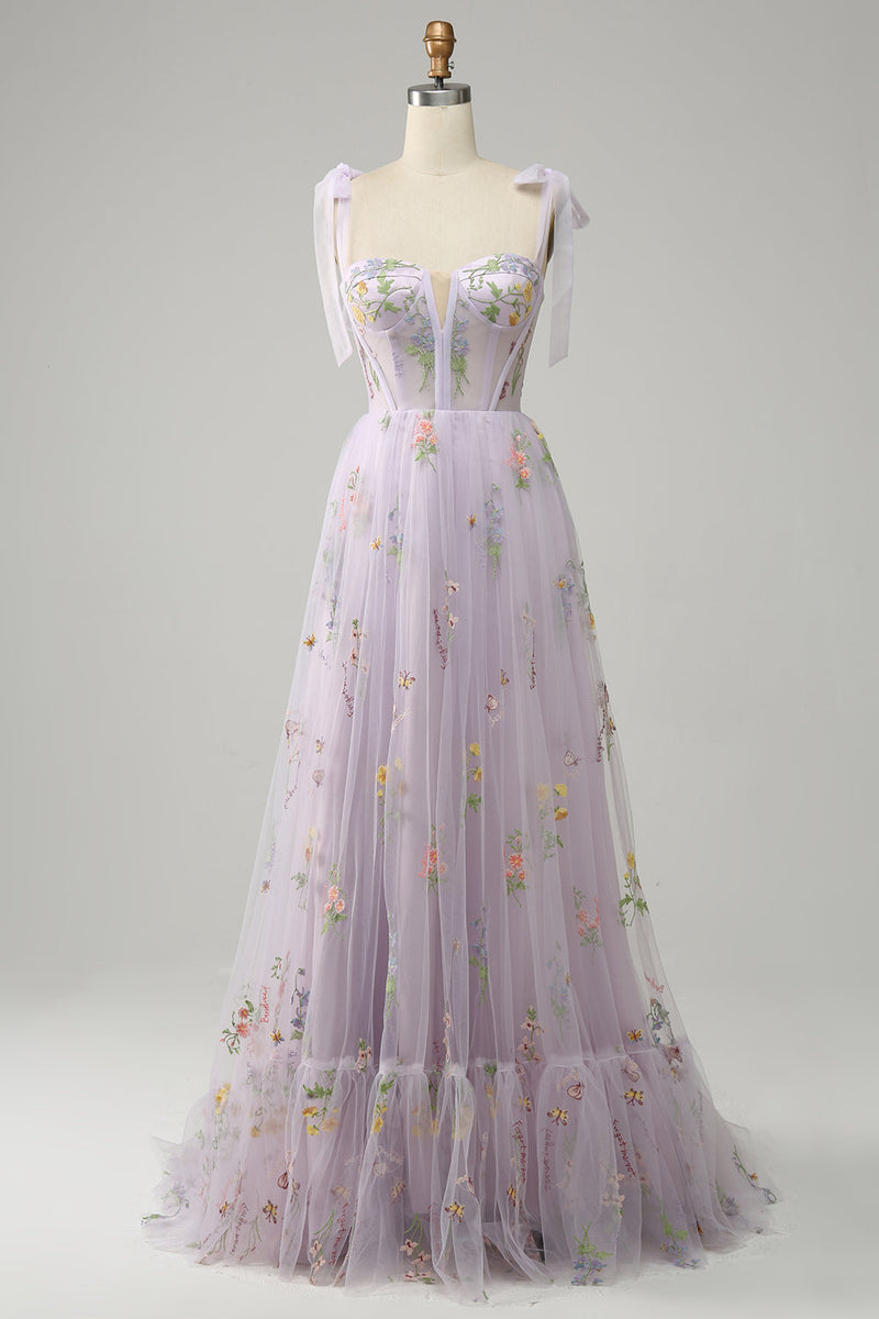 Load image into Gallery viewer, A-Line Lilac Embroidery Corset Long Formal Dress