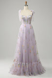 A-Line Lilac Embroidery Corset Long Formal Dress