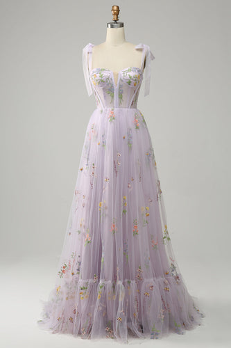 Lilac Embroidery Corset Long Formal Dress