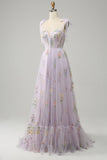 A-Line Lilac Embroidery Corset Long Formal Dress